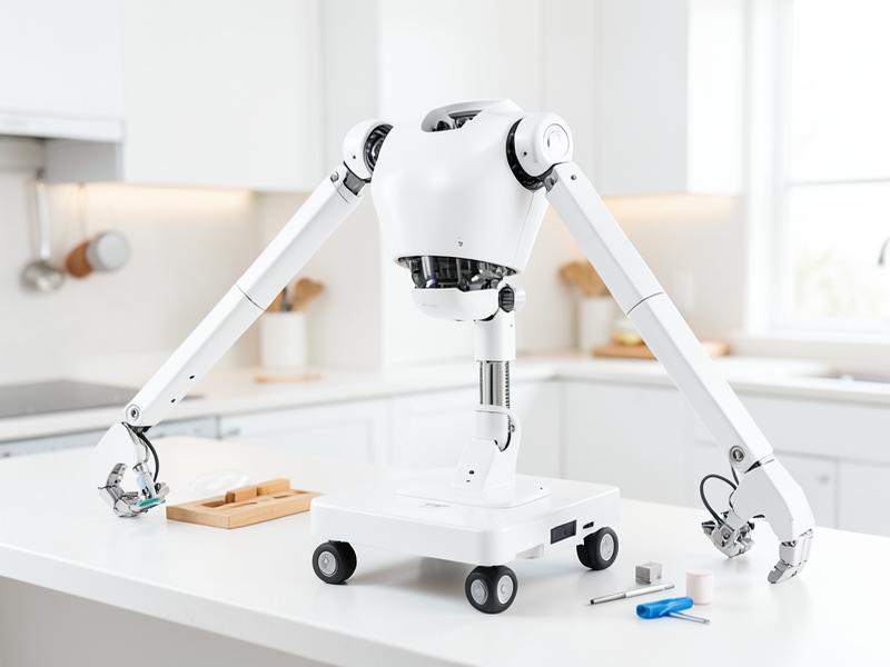 Robot con torso y dos brazos sobre base móvil manipulando objetos