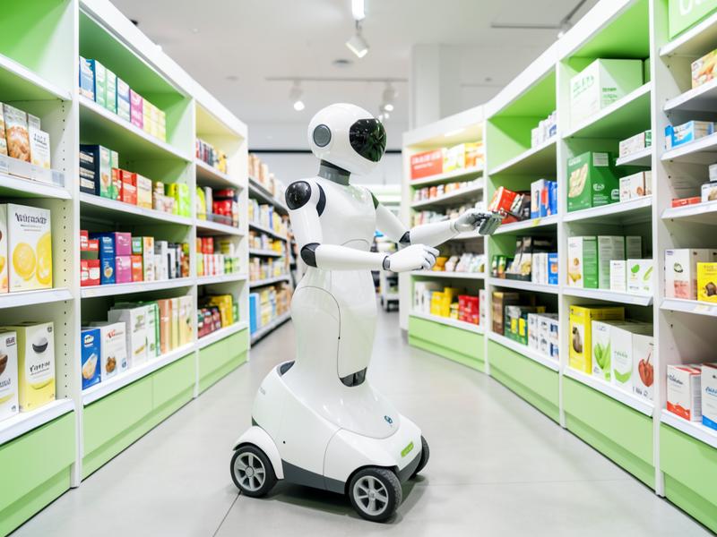 Robot de servicio con base con ruedas tomando productos de una góndola