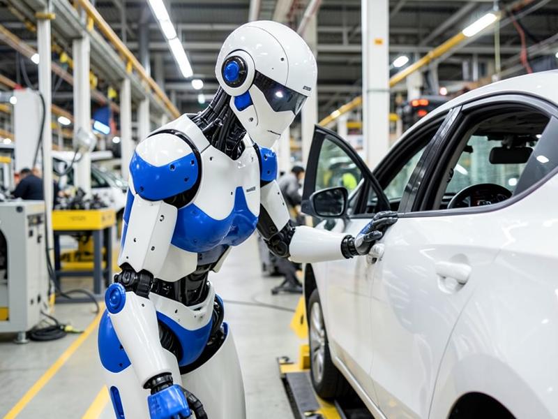 Robot humanoide industrial trabajando en una línea de ensamblado automotriz